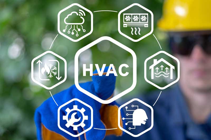 Diagram of the word HVAC surrounded by icons of HVAC machinery and accessories